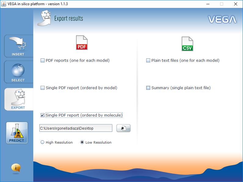 VEGA QSAR screenshot ExportResults
