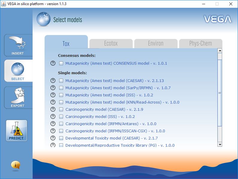 VEGA QSAR screenshot ModelSelection