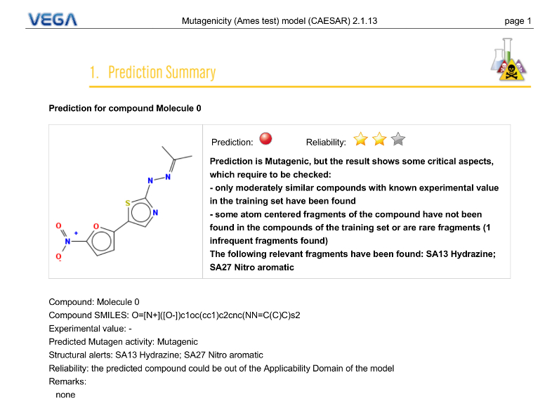 VEGA QSAR screenshot PredictionSummary