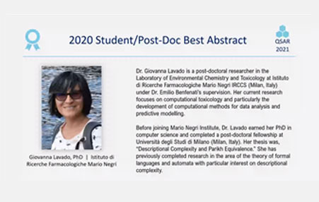 Giovanna Lavado received a prize for the Student/Post doc Best Abstract for the year 2020 of the QSAR 2020 conference